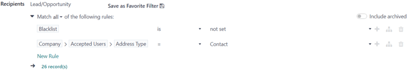 View of how recipient filters can be customized in ViableView Email Marketing.