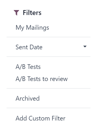 View of filters drop-down menu options on the ViableView Email Marketing dashboard.