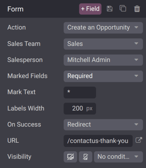 The form configuration settings on an ViableView website.
