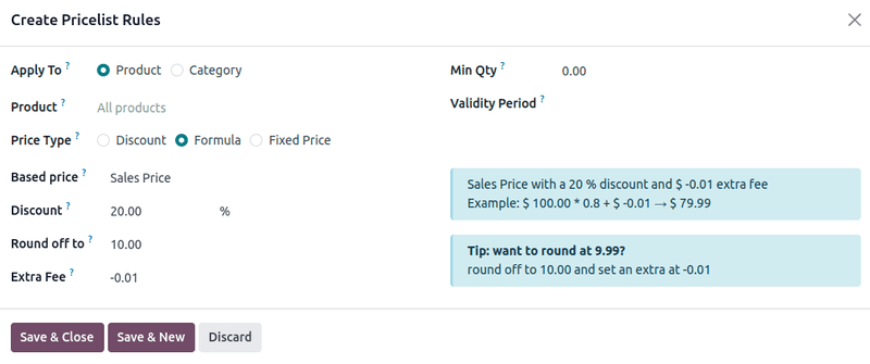 Example of a 20% discount with prices rounded to 9.99 in ViableView Sales.