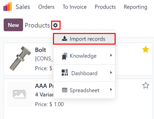 The Import records option selectable from the gear icon on the Products page in ViableView Sales.