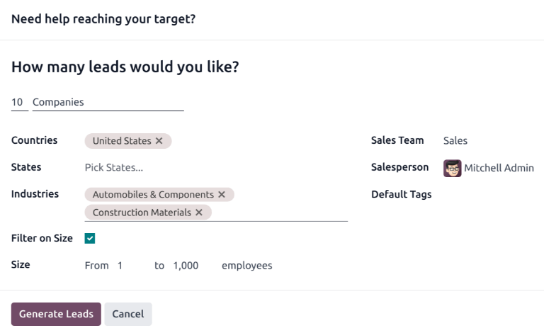 The pop-up window with the selection criteria in order to generate leads in ViableView.