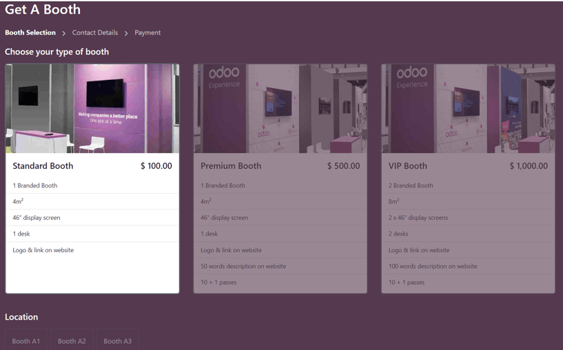 Typical Get A Booth page on the event website via the ViableView Events app.
