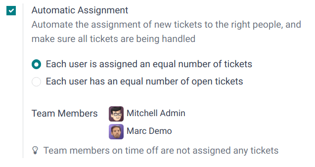 View of a Helpdesk team settings page emphasizing the automatic assignment features in ViableView Helpdesk.