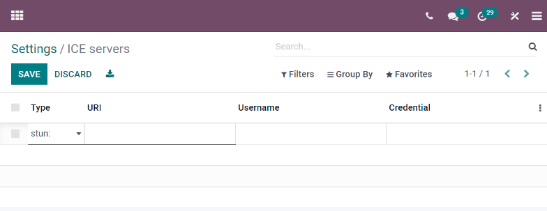 The "ICE servers" page in ViableView.