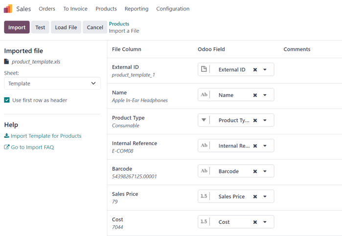The import a file page in ViableView Sales after a product template has been uploaded.