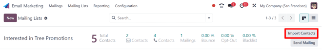 The import contacts button of a mailing list line in ViableView Email Marketing.