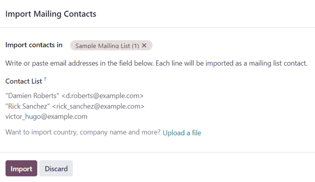 The import mailing contacts pop-up form that appears in ViableView Email Marketing.
