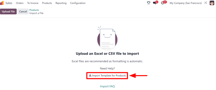 The Import records option selectable from the gear icon on the Products page in ViableView Sales.