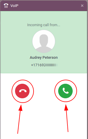 Incoming call shown in the ViableView VoIP widget.