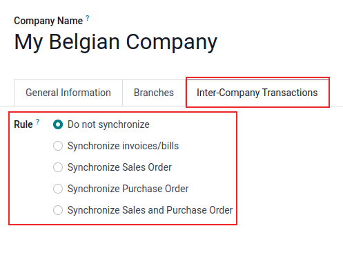 View of the settings page emphasizing the inter company transaction field in ViableView.
