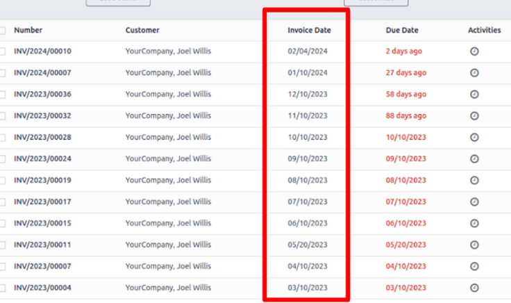 The Invoice Date column on subscriptions invoice page in ViableView Subscriptions app.