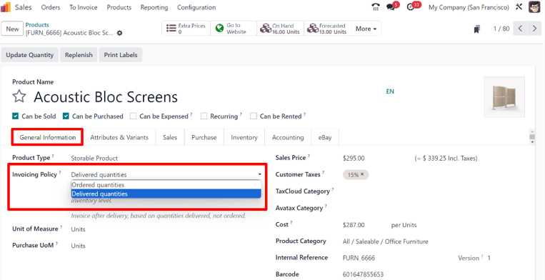 How to change your invoicing policy on a product form on ViableView Sales.