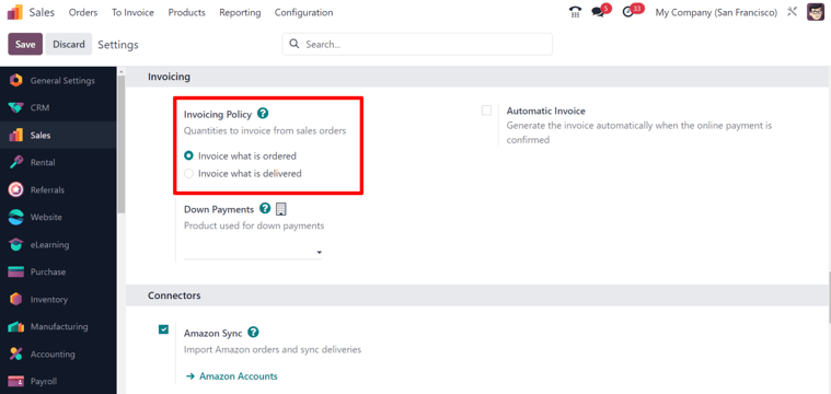 Choosing an invoicing policy on ViableView Sales.