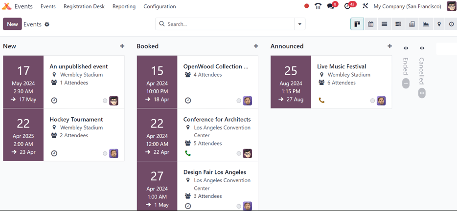 Overview of events setting with the kanban view in ViableView Events.