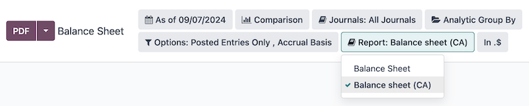 Balance sheet report selection for CA localization in ViableView.