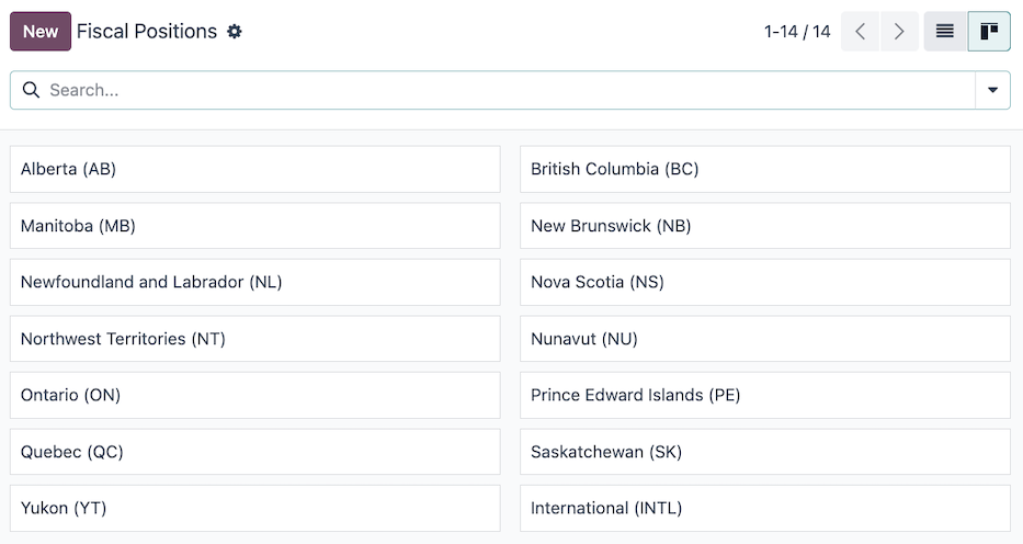 The default fiscal positions for the Canada localization in ViableView Accounting.