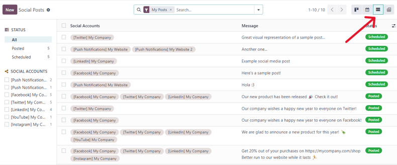 View of the list option on the posts page in ViableView Social Marketing.