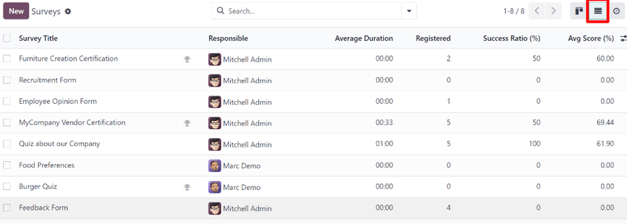 The list view option located on the ViableView Surveys application dashboard.
