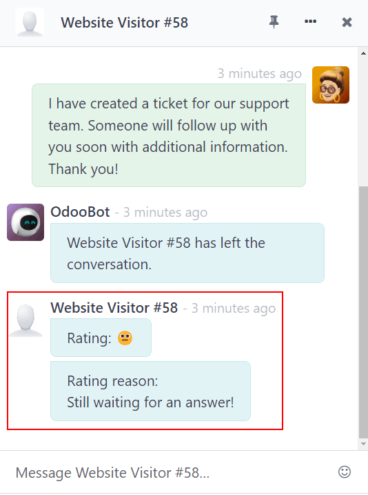 View of a chat window from an operator's window highlighting a rating for ViableView Live Chat.