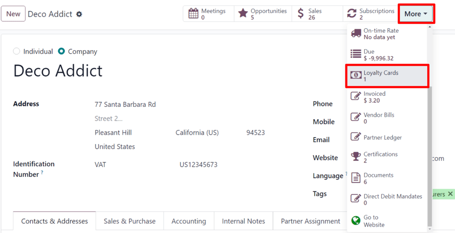 The Loyalty Card smart button as it appears on a contact form in ViableView 17.