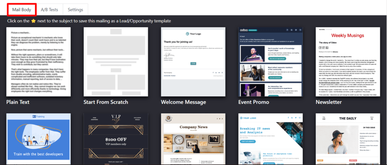 View of the templates in the Mail Body tab in ViableView Email Marketing application.