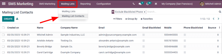View of the mailing lists contact page in the ViableView SMS Marketing application.