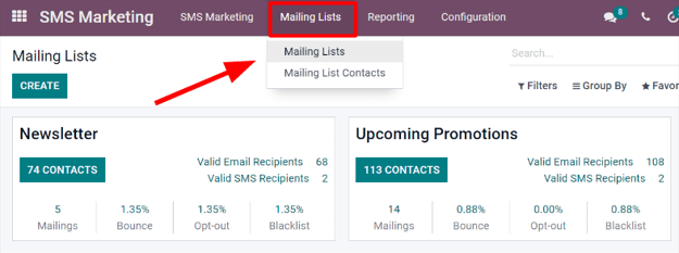 View of the main SMS mailing list page on the ViableView SMS Marketing application.