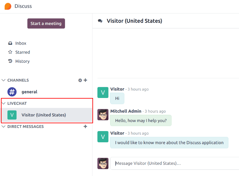 View of the discuss application with a message sent through live chat in ViableView.