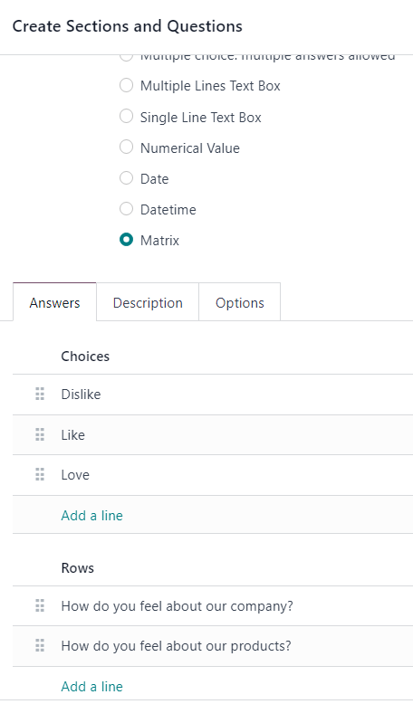 The answer tab with a matrix question type selected in ViableView Surveys.