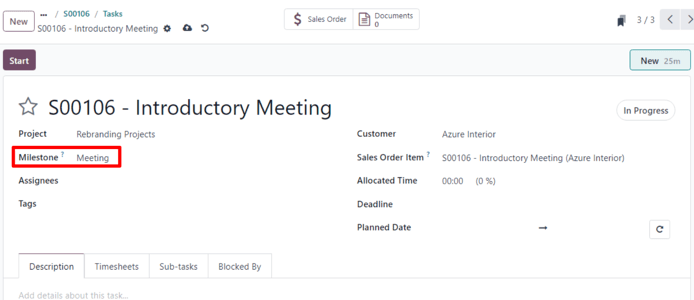 The milestone field on the task form when dealing with milestone products in ViableView Sales.