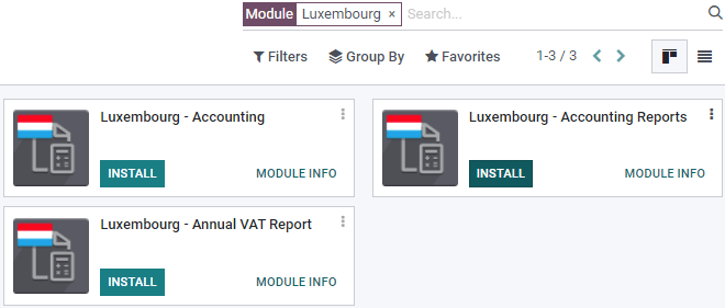 The three modules for the Luxembourgish Fiscal Localization Package on ViableView