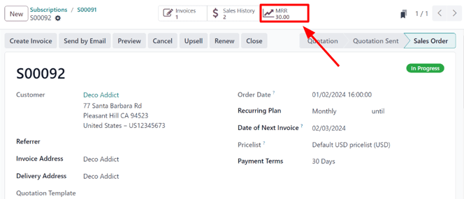 MRR smart button in the ViableView Subscriptions application.