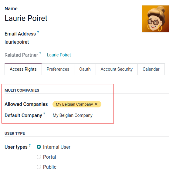 View of a user's form emphasizing the multi companies field in ViableView.