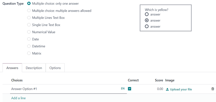 The answer tab with a multiple choice answer option selected in ViableView Surveys.