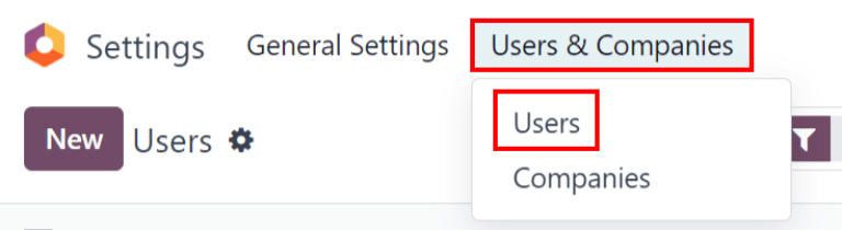 Users menu in the Users & Companies section of the Settings app of ViableView.