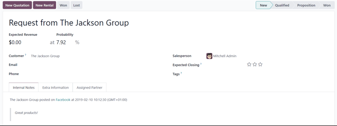 New lead detail form generated from a social media comment in ViableView Social Marketing.