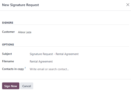 The New Signature Request pop-up window that appears in the ViableView Rental application.