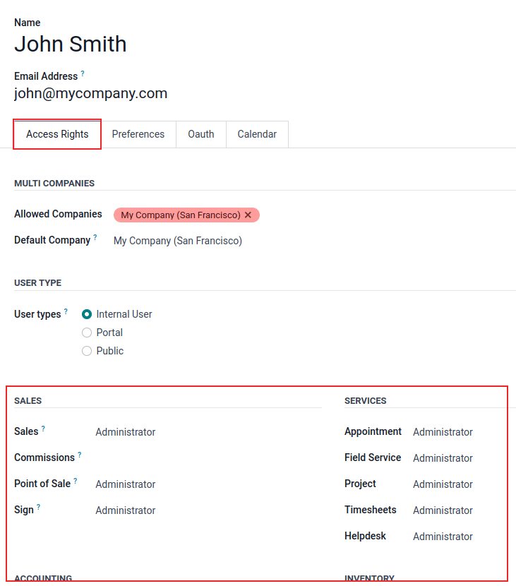 View of a user's form emphasizing the access rights tab in ViableView.