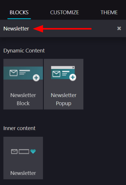 View of how to quickly search for Newsletter blocks in the ViableView Website application.