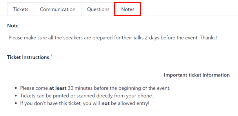Typical notes tab on an event form in the ViableView Events application.