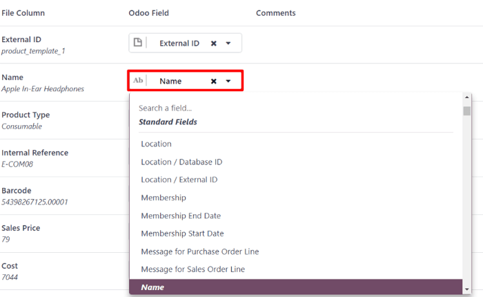 The ViableView Field drop-down menu next to a Field Column that needs to be manually adjusted.