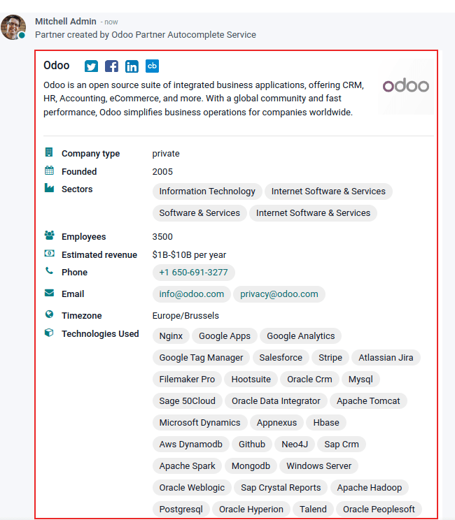 View of the information being shown about odoo with the autocomplete option in ViableView