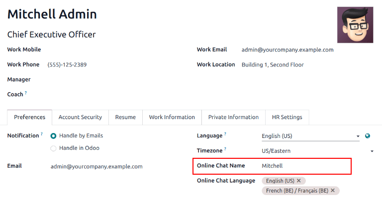 View of user profile in ViableView, emphasizing the Online Chat name field.