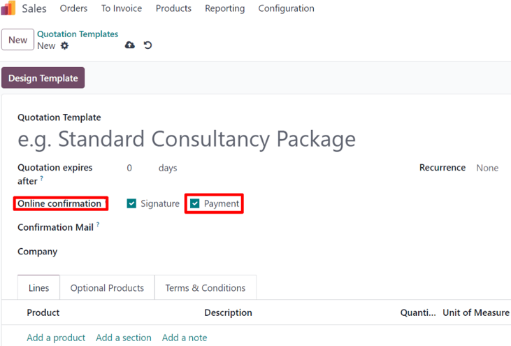 The online payment setting on quotation template forms in ViableView Sales.