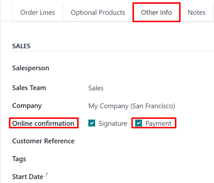 The online payment setting on a standard quotation in ViableView Sales.