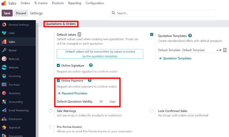 The online payment setting in the ViableView Sales application.