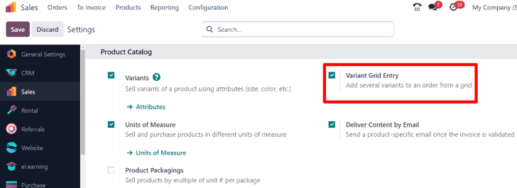 The variant grid entry setting in the ViableView Sales application.