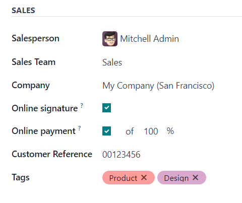 The Sales section of the Other Info tab of a quotation form in ViableView Sales.