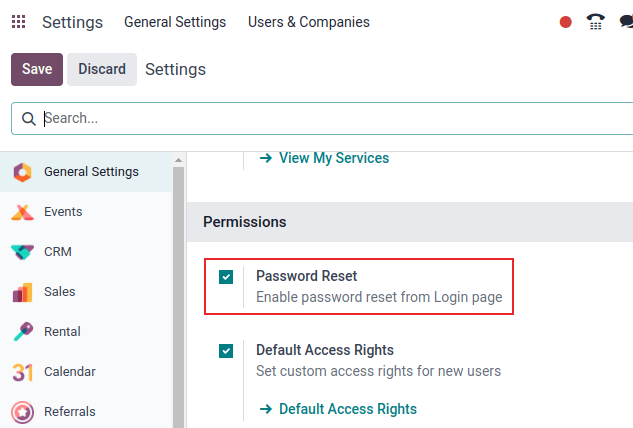 Enabling Password Reset in ViableView Settings